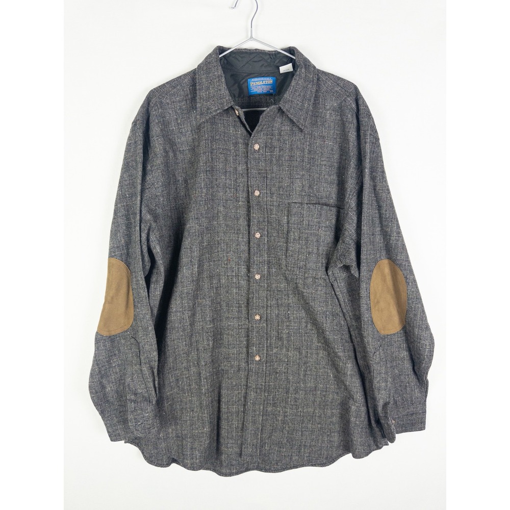 Vintage Pendleton Virgin Wool Shirt Mens XL Gray Suede Elbow Patch Heritage Grun